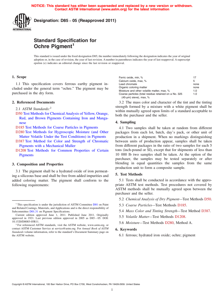 ASTM D85-05(2011) - Standard Specification for Ochre Pigment