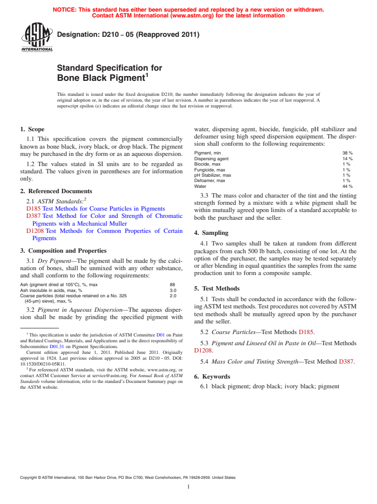 ASTM D210-05(2011) - Standard Specification for Bone Black Pigment