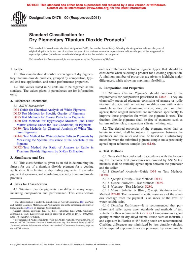 ASTM D476-00(2011) - Standard Classification for Dry Pigmentary Titanium Dioxide Products