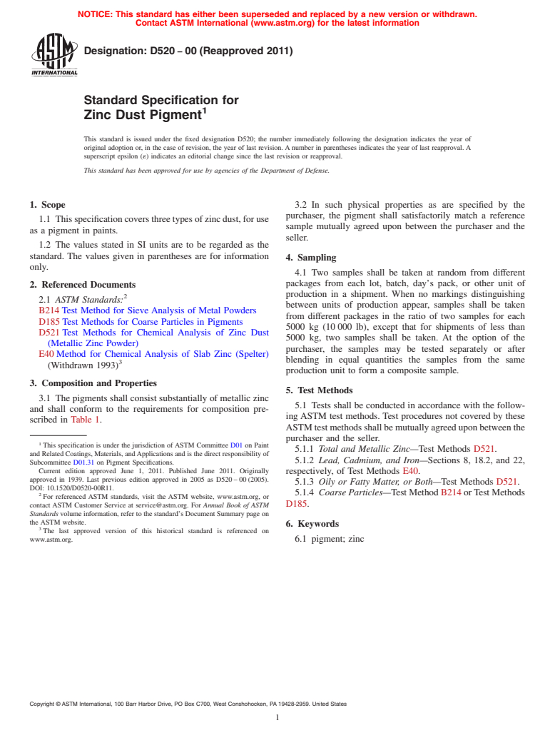 ASTM D520-00(2011) - Standard Specification for Zinc Dust Pigment