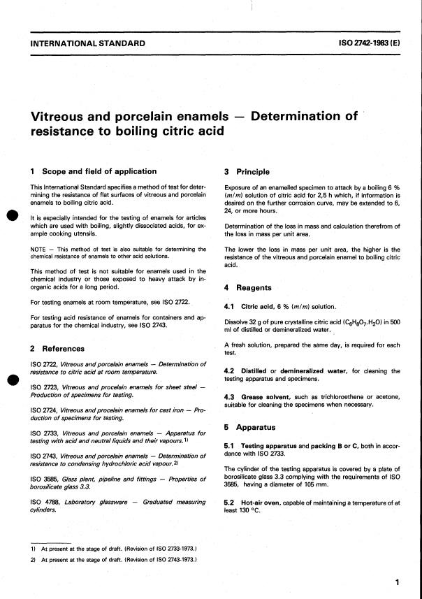 ISO 2742:1983 - Vitreous and porcelain enamels -- Determination of resistance to boiling citric acid