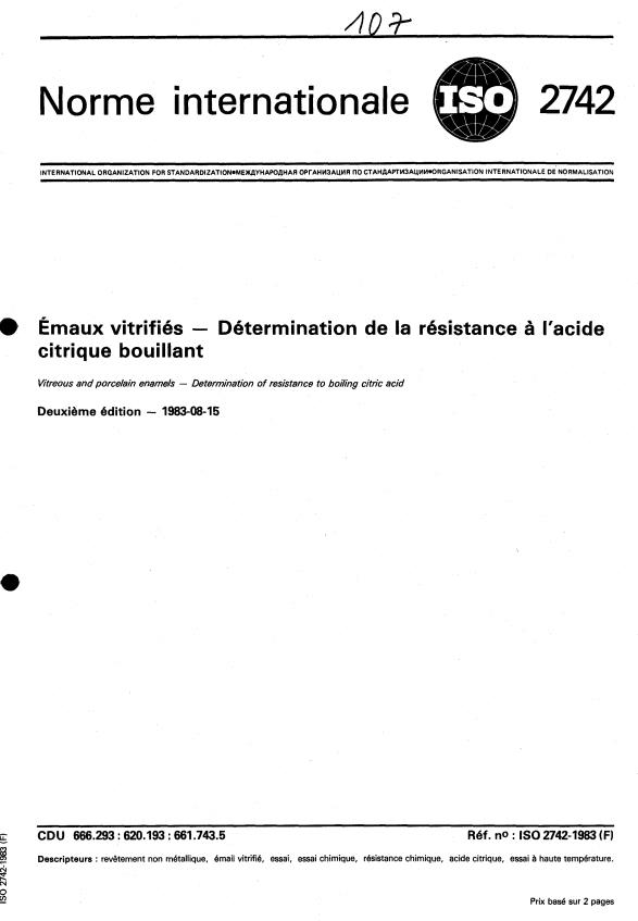 ISO 2742:1983 - Émaux vitrifiés -- Détermination de la résistance a l'acide citrique bouillant