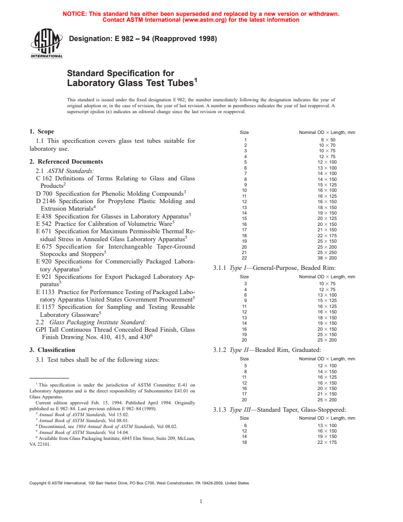 ASTM E982-94(1998) - Standard Specification for Laboratory Glass Test Tubes