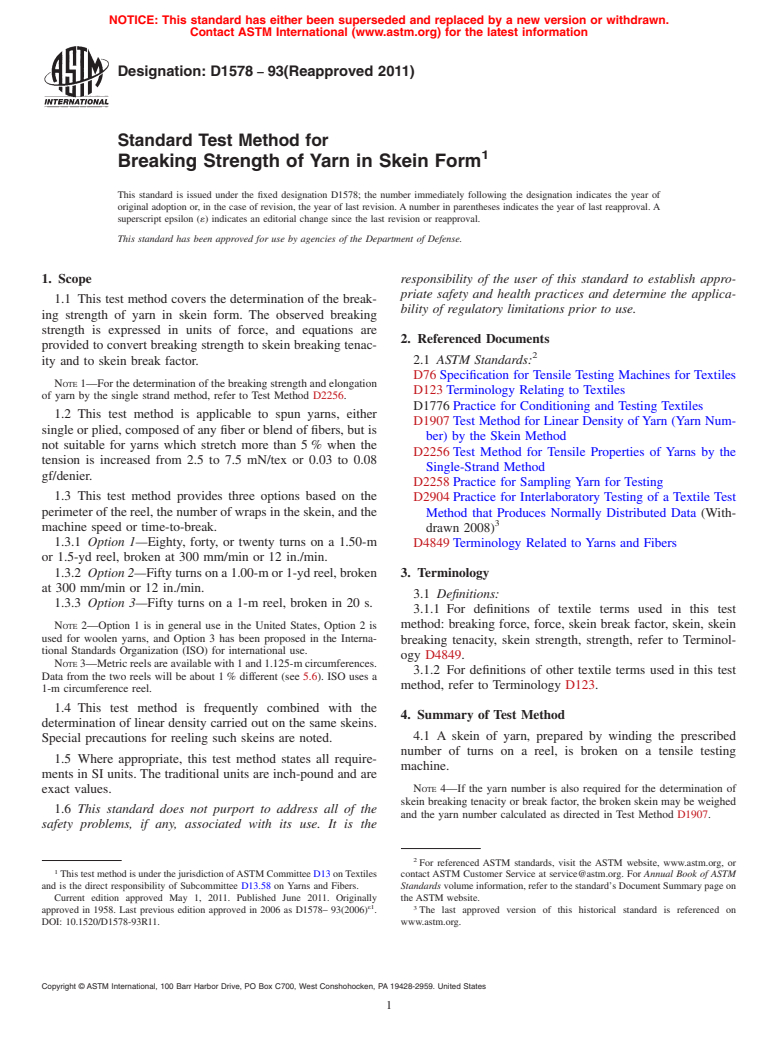 ASTM D1578-93(2011) - Standard Test Method for Breaking Strength of Yarn in Skein Form