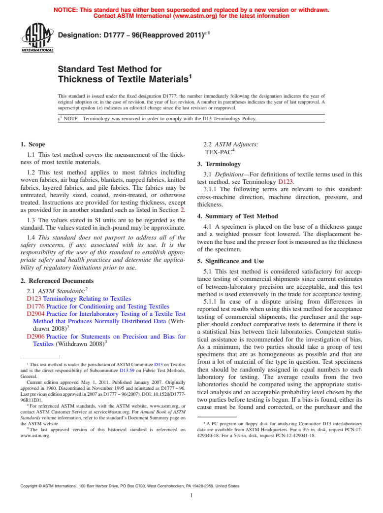 ASTM D1777-96(2011)e1 - Standard Test Method for Thickness of Textile Materials