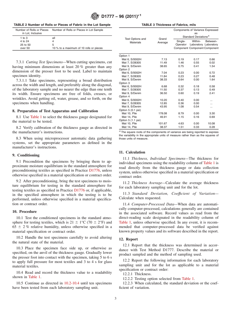 ASTM D1777-96(2011)e1 - Standard Test Method for Thickness of Textile Materials