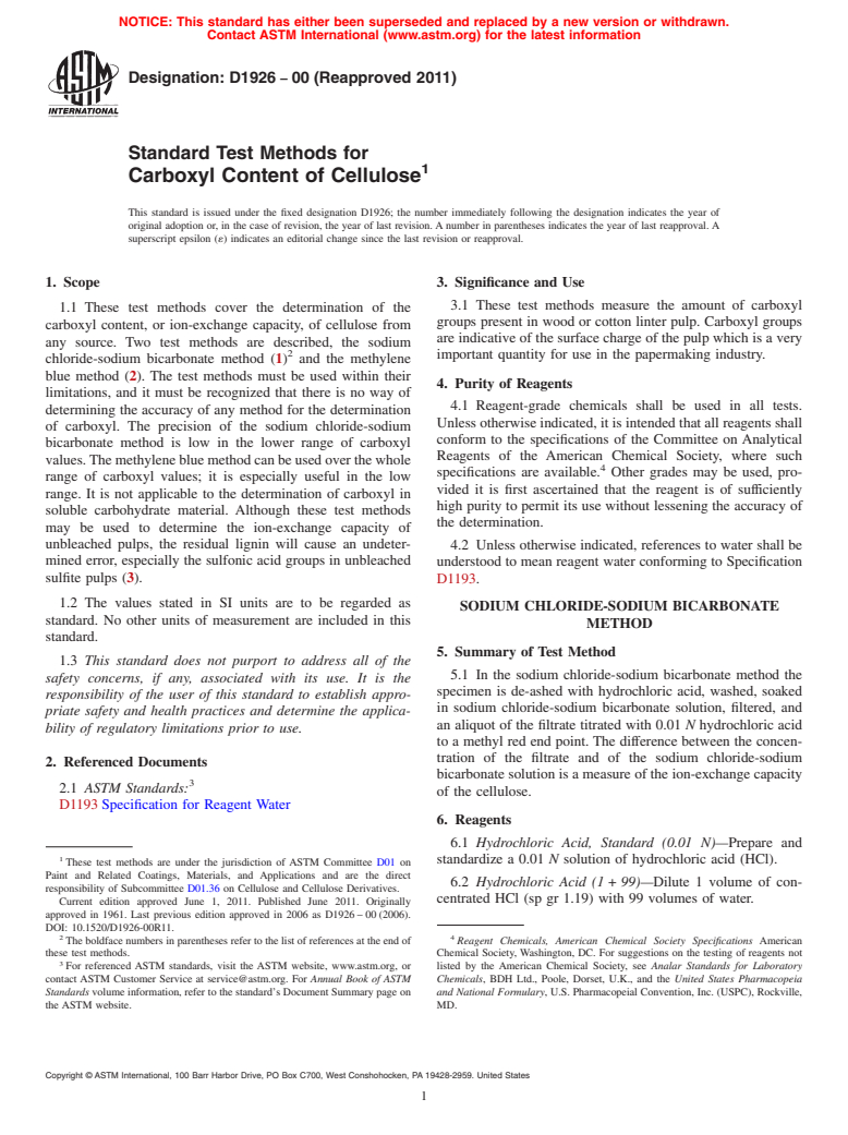 ASTM D1926-00(2011) - Standard Test Methods for Carboxyl Content of Cellulose