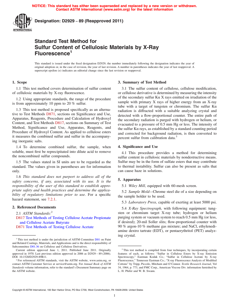 ASTM D2929-89(2011) - Standard Test Method for Sulfur Content of Cellulosic Materials by X-Ray Fluorescence
