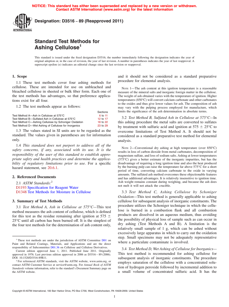 ASTM D3516-89(2011) - Standard Test Methods for Ashing Cellulose