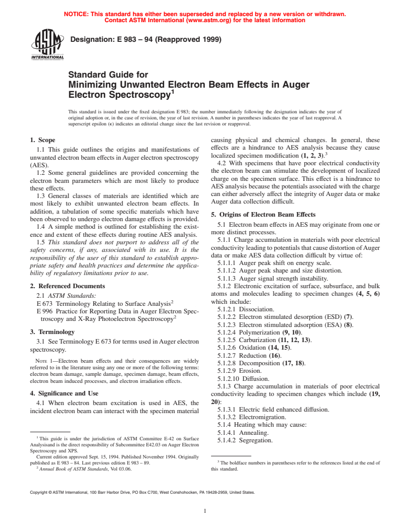 ASTM E983-94(1999) - Standard Guide for Minimizing Unwanted Electron Beam Effects in Auger Electron Spectroscopy