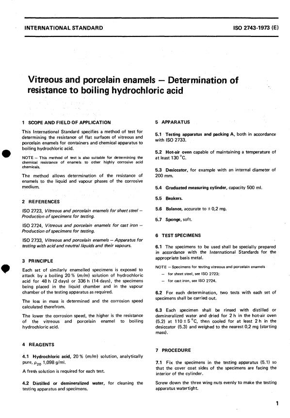 ISO 2743:1973 - Vitreous and porcelain enamels -- Determination of resistance to boiling hydrochloric acid