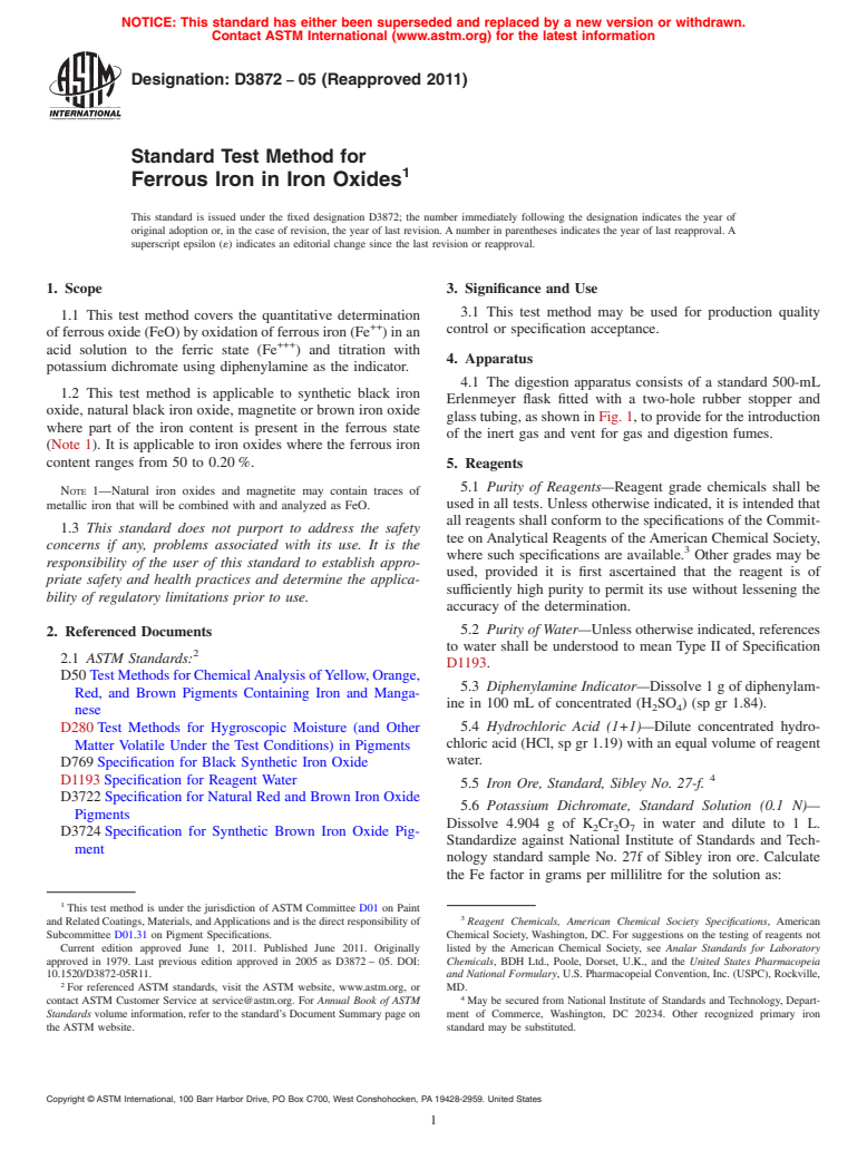 ASTM D3872-05(2011) - Standard Test Method for Ferrous Iron in Iron Oxides