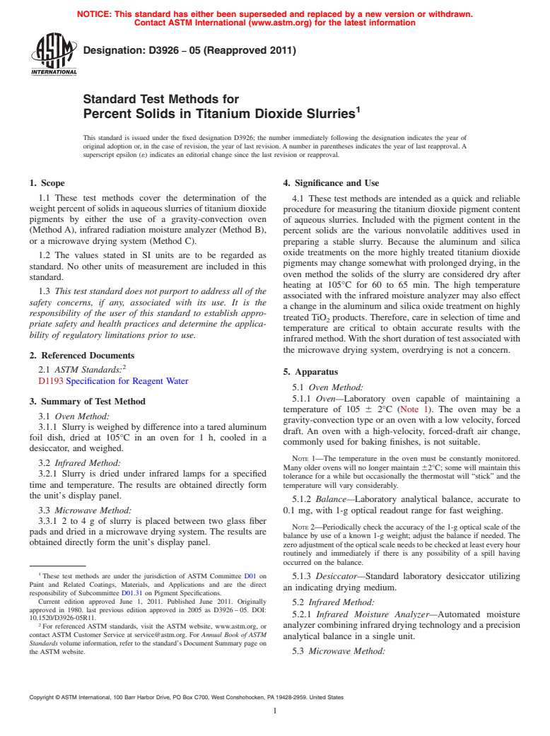 ASTM D3926-05(2011) - Standard Test Methods for Percent Solids in Titanium Dioxide Slurries