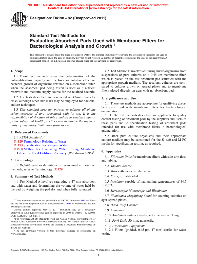 ASTM D4198-82(2011) - Standard Test Methods for Evaluating Absorbent Pads Used with Membrane Filters for Bacteriological Analysis and Growth (Withdrawn 2020)