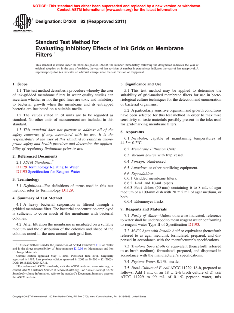 ASTM D4200-82(2011) - Standard Test Method for Evaluating Inhibitory Effects of Ink Grids on Membrane Filters