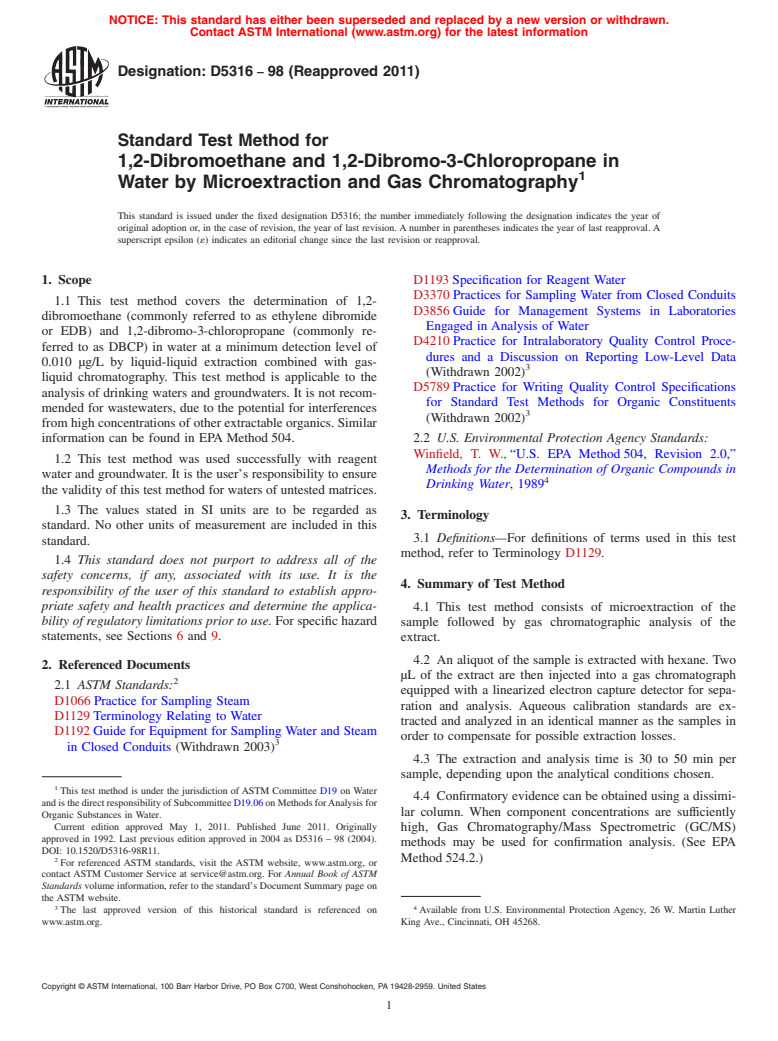 ASTM D5316-98(2011) - Standard Test Method for 1,2-Dibromoethane and 1,2-Dibromo-3-Chloropropane in Water by Microextraction and Gas Chromatography