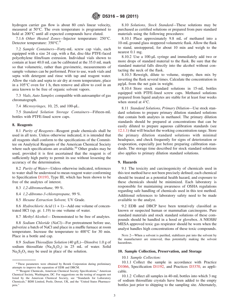 ASTM D5316-98(2011) - Standard Test Method for 1,2-Dibromoethane and 1,2-Dibromo-3-Chloropropane in Water by Microextraction and Gas Chromatography