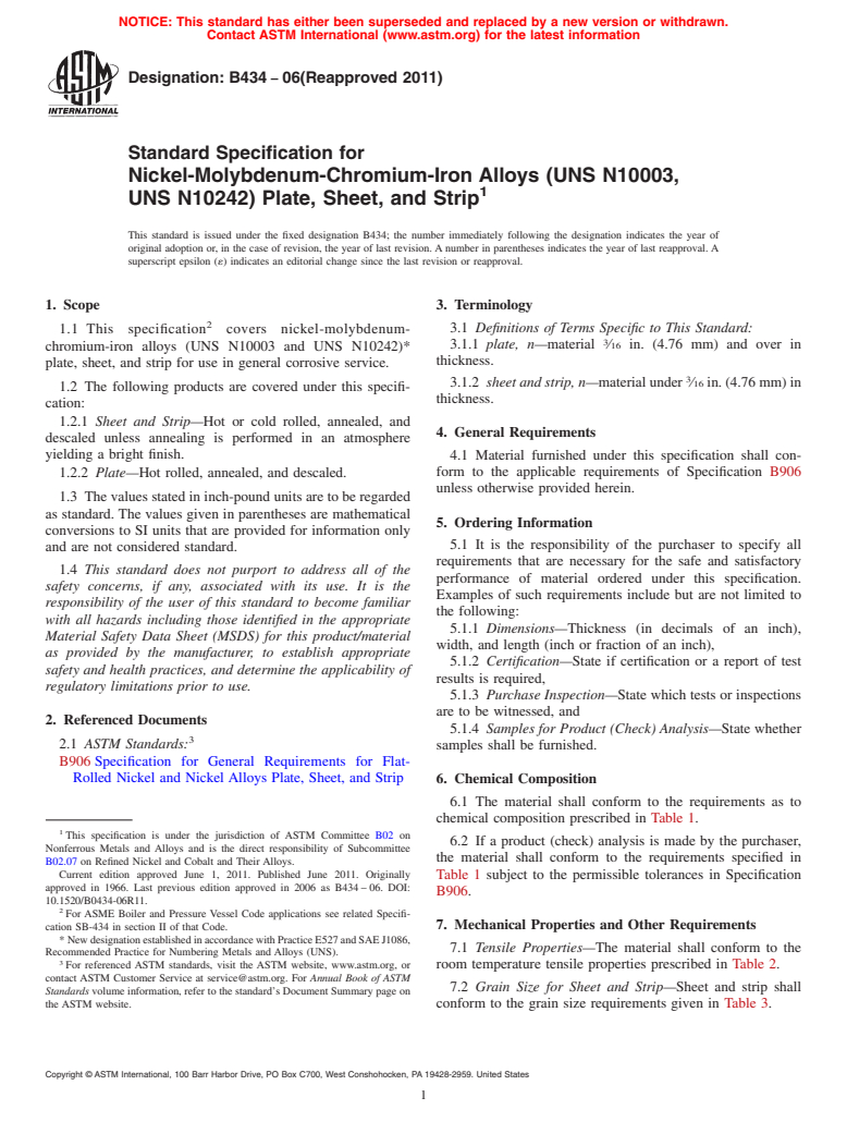 ASTM B434-06(2011) - Standard Specification for Nickel-Molybdenum-Chromium-Iron Alloys (UNS N10003, UNS N10242)* Plate, Sheet, and Strip