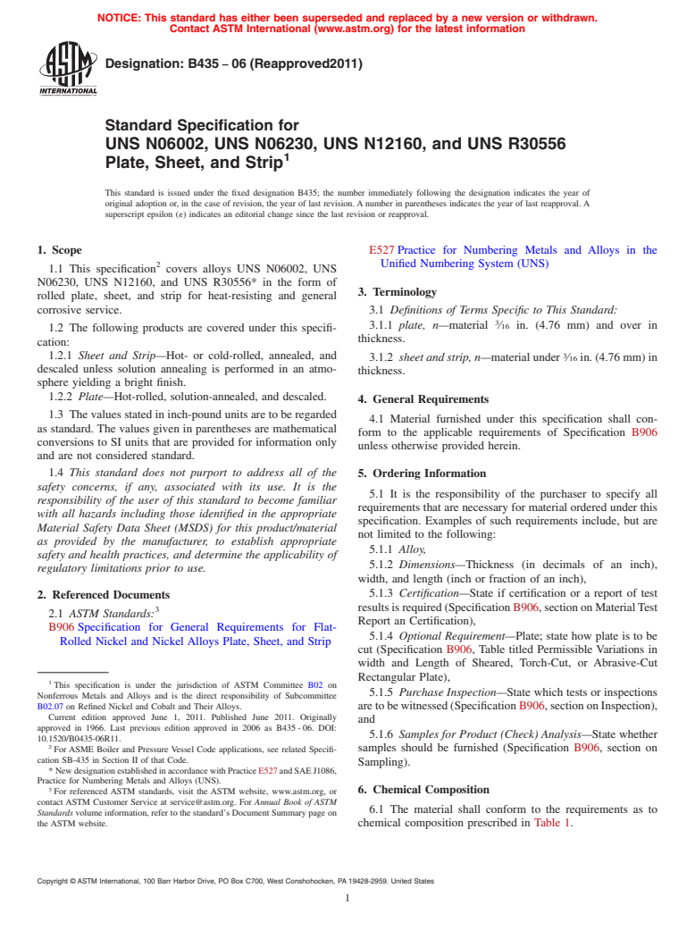 ASTM B435-06(2011) - Standard Specification for UNS N06002, UNS N06230, UNS N12160, and UNS R30556 Plate, Sheet, and Strip