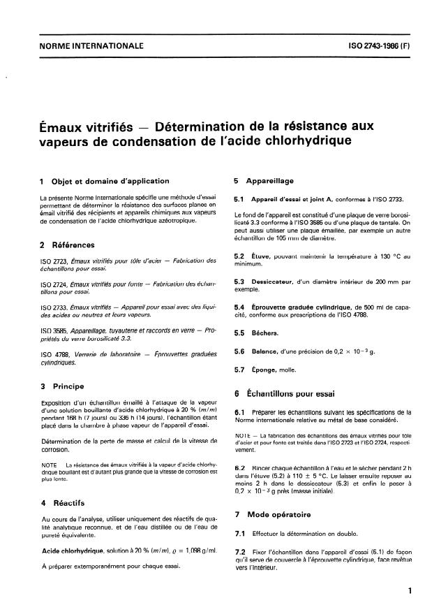 ISO 2743:1986 - Émaux vitrifiés -- Détermination de la résistance aux vapeurs de condensation de l'acide chlorhydrique