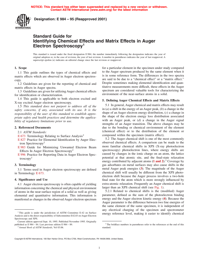 ASTM E984-95(2001) - Standard Guide for Identifying Chemical Effects and Matrix Effects in Auger Electron Spectroscopy