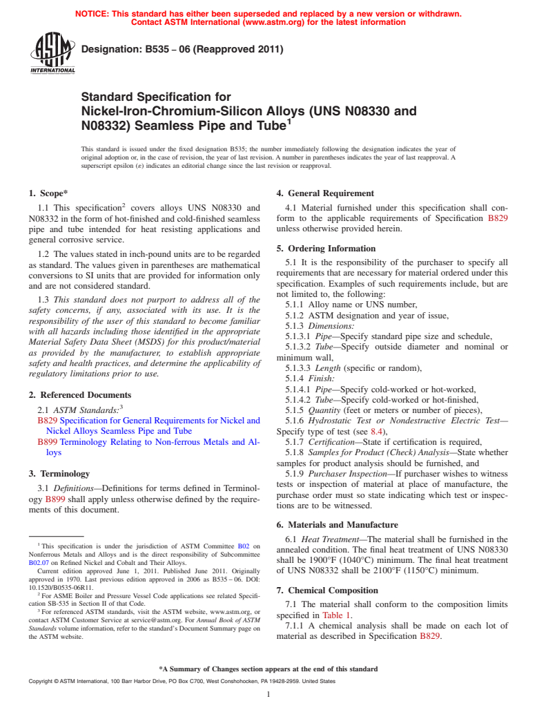 ASTM B535-06(2011) - Standard Specification for Nickel-Iron-Chromium-Silicon Alloys (UNS N08330 and N08332) Seamless Pipe and Tube