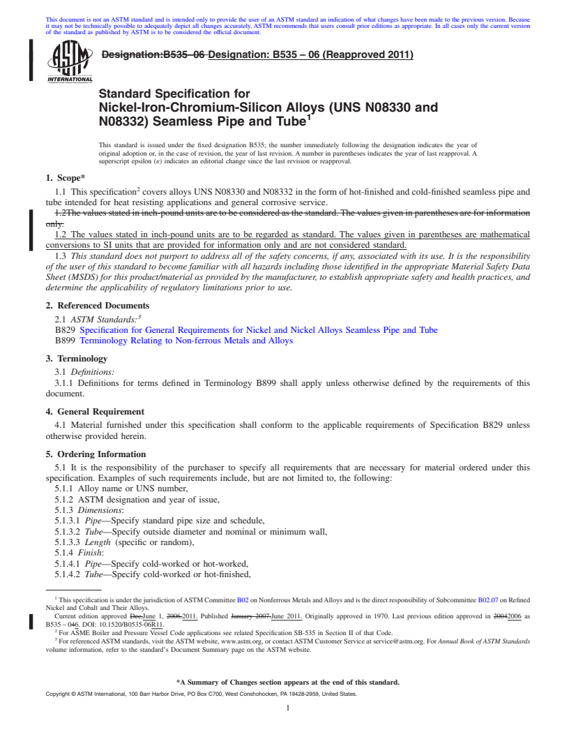 REDLINE ASTM B535-06(2011) - Standard Specification for Nickel-Iron-Chromium-Silicon Alloys (UNS N08330 and N08332) Seamless Pipe and Tube