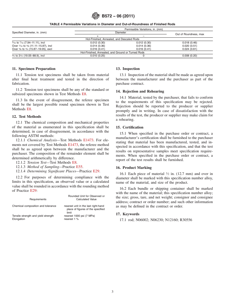 ASTM B572-06(2011) - Standard Specification for UNS N06002, UNS N06230, UNS N12160, and UNS R30556 Rod