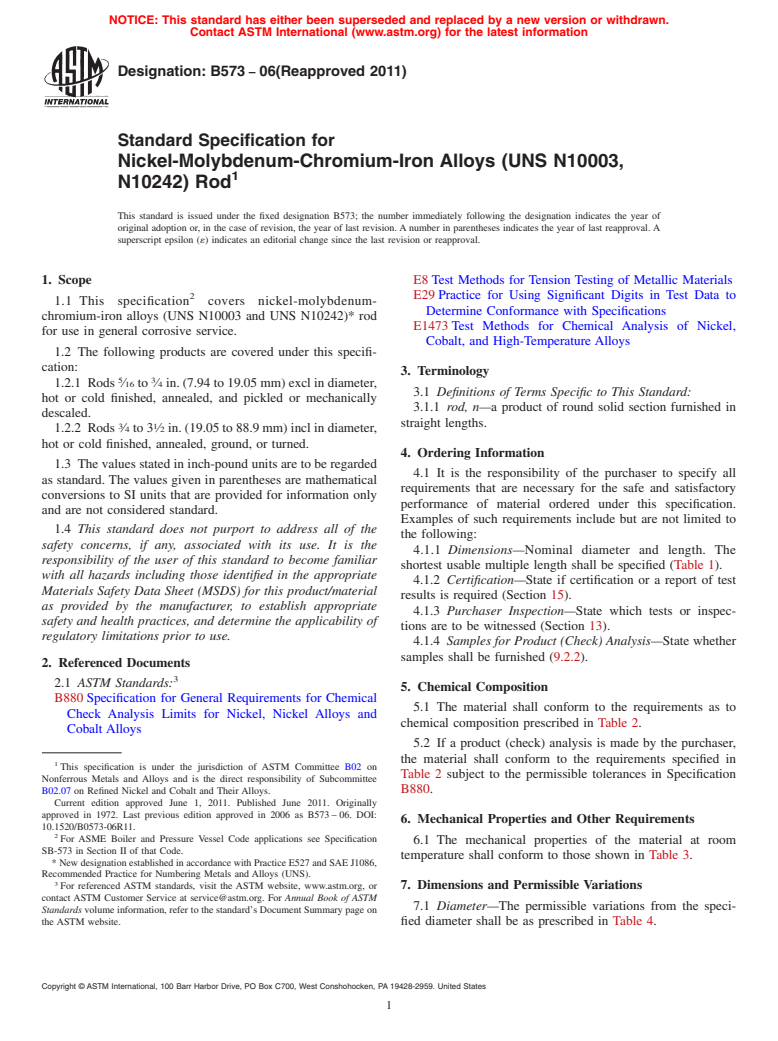 ASTM B573-06(2011) - Standard Specification for Nickel-Molybdenum-Chromium-Iron Alloys (UNS N10003, N10242)* Rod