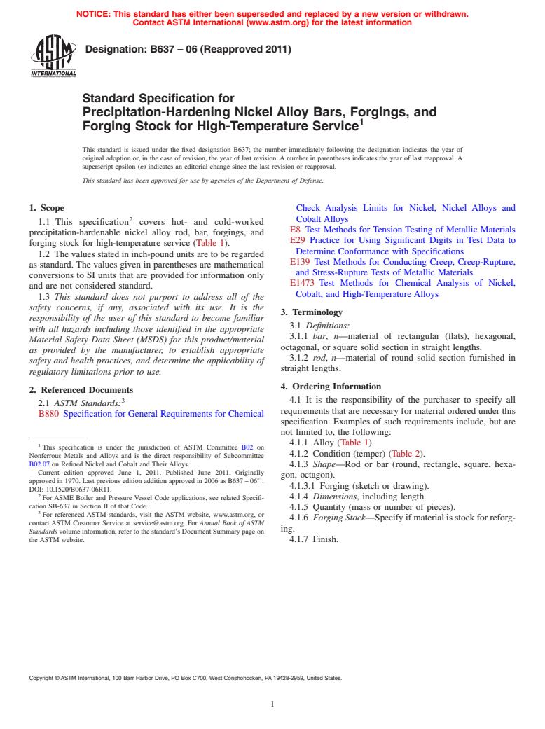 ASTM B637-06(2011) - Standard Specification for  Precipitation-Hardening Nickel Alloy Bars, Forgings, and Forging Stock  for High-Temperature Service