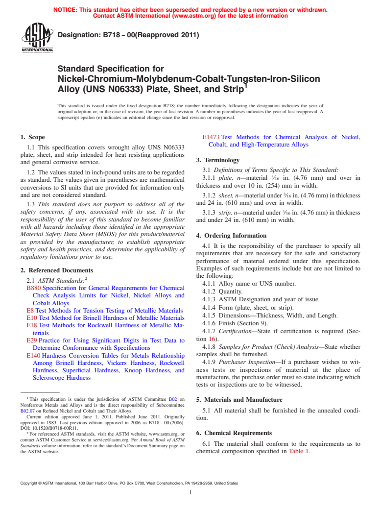 ASTM B718-00(2011) - Standard Specification for Nickel-Chromium-Molybdenum-Cobalt-Tungsten-Iron-Silicon Alloy (UNS N06333) Plate, Sheet, and Strip