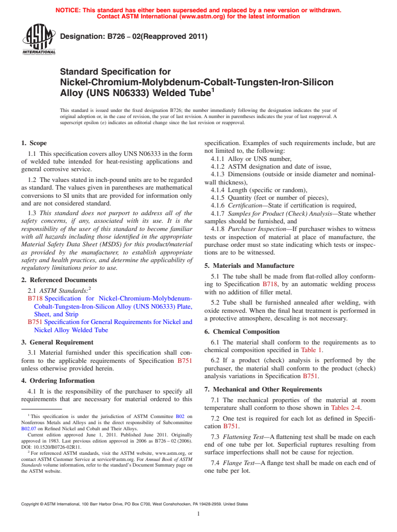 ASTM B726-02(2011) - Standard Specification for Nickel-Chromium-Molybdenum-Cobalt-Tungsten-Iron-Silicon Alloy (UNS N06333) Welded Tube