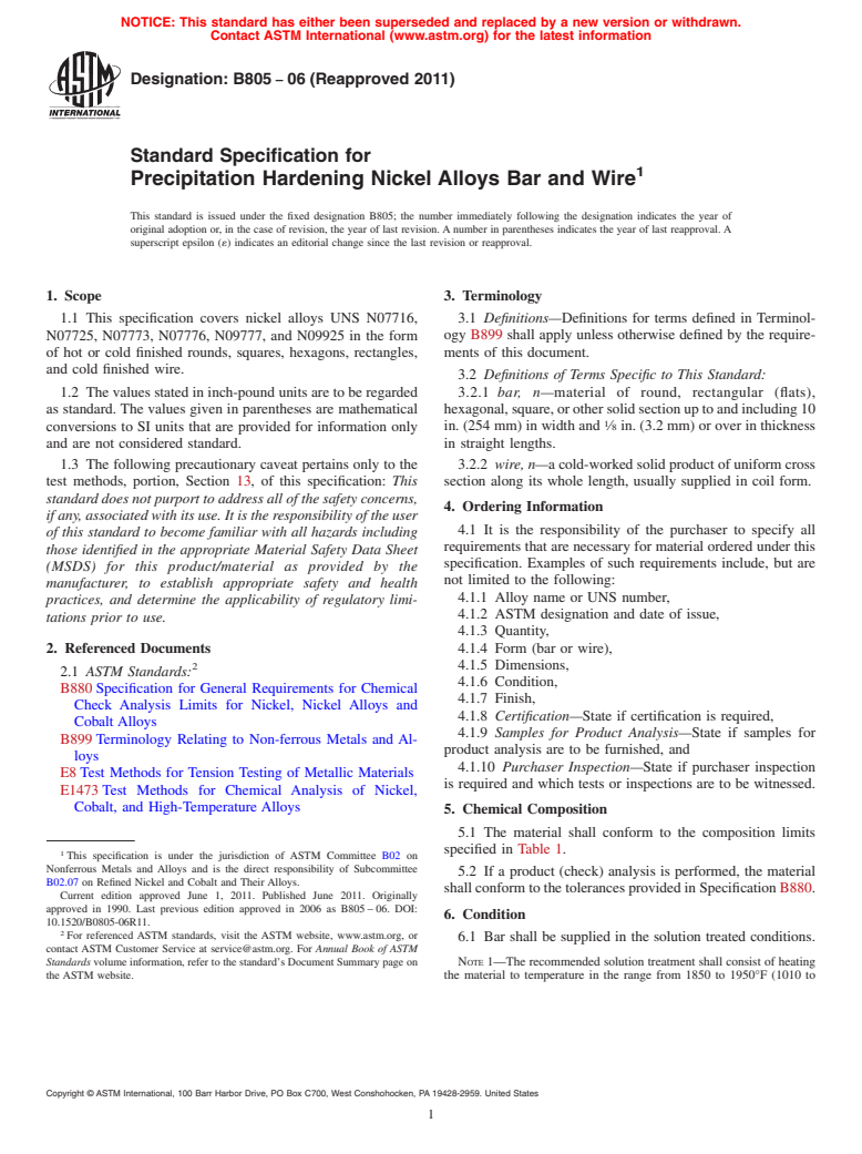 ASTM B805-06(2011) - Standard Specification for Precipitation Hardening Nickel Alloys Bar and Wire