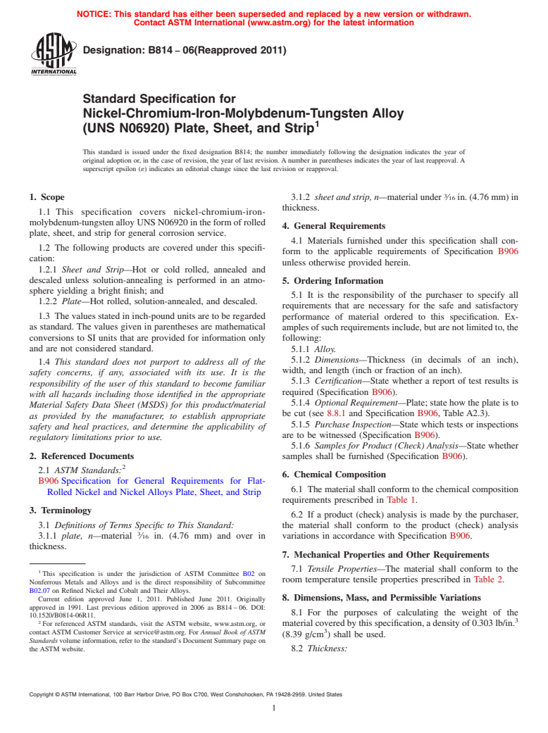 ASTM B814-06(2011) - Standard Specification for Nickel-Chromium-Iron-Molybdenum-Tungsten Alloy (UNS N06920) Plate, Sheet, and Strip