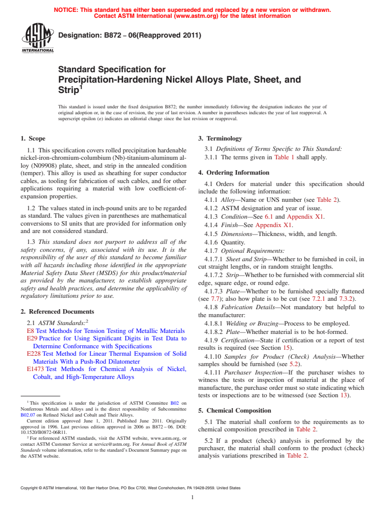 ASTM B872-06(2011) - Standard Specification for Precipitation-Hardening Nickel Alloys Plate, Sheet, and Strip