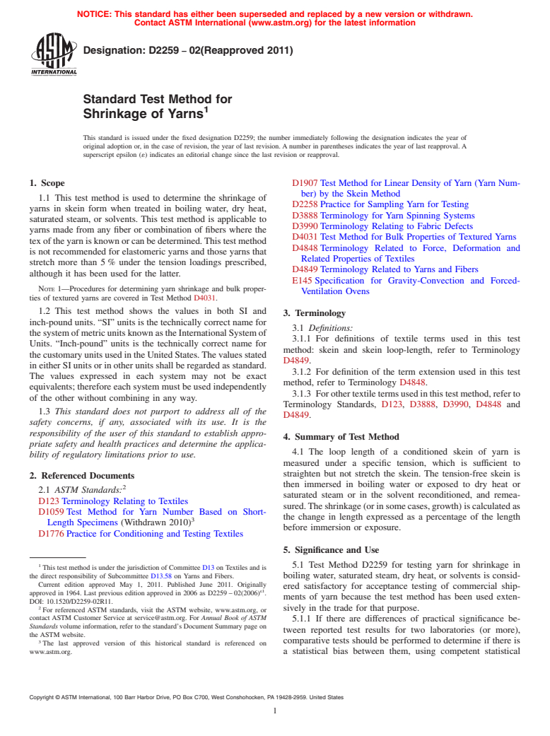 ASTM D2259-02(2011) - Standard Test Method for Shrinkage of Yarns