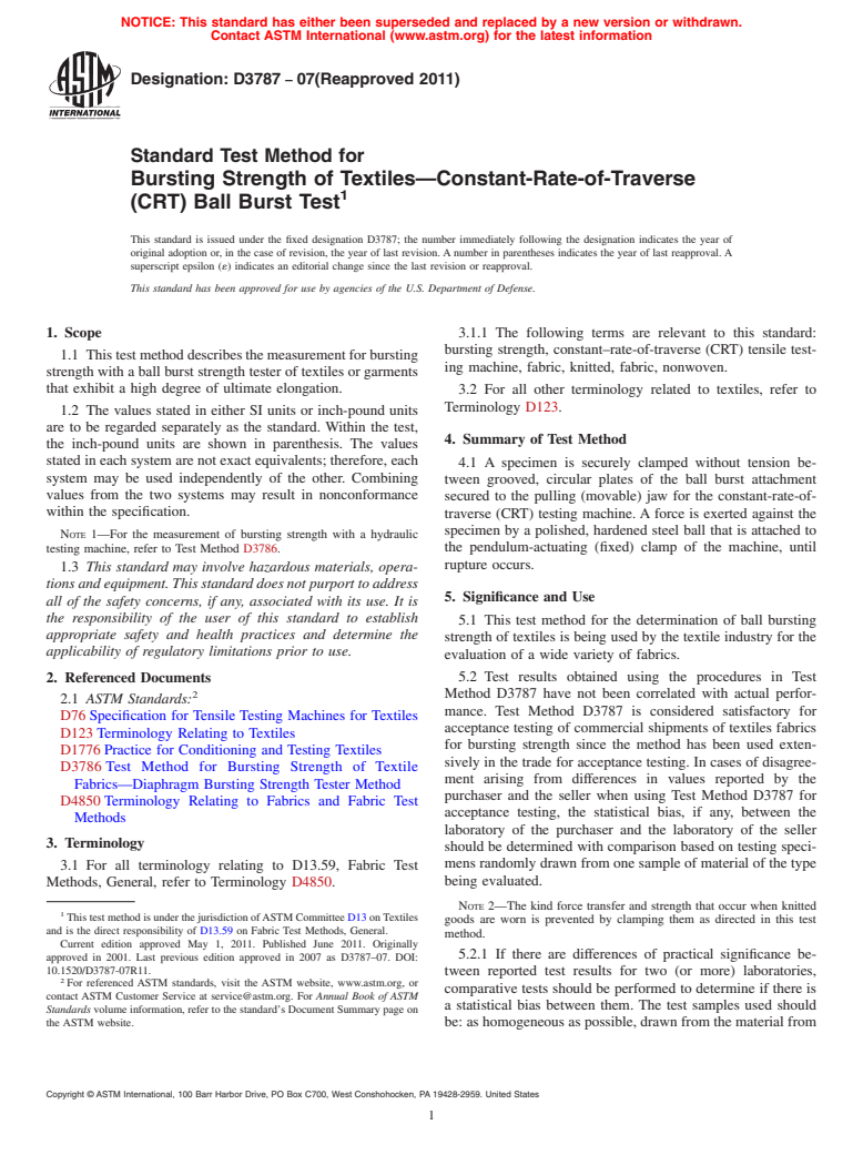 ASTM D3787-07(2011) - Standard Test Method for Bursting Strength of Textiles-Constant-Rate-of-Traverse (CRT) Ball Burst Test