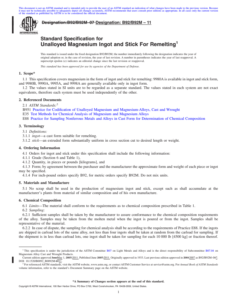 REDLINE ASTM B92/B92M-11 - Standard Specification for Unalloyed Magnesium Ingot and Stick For Remelting