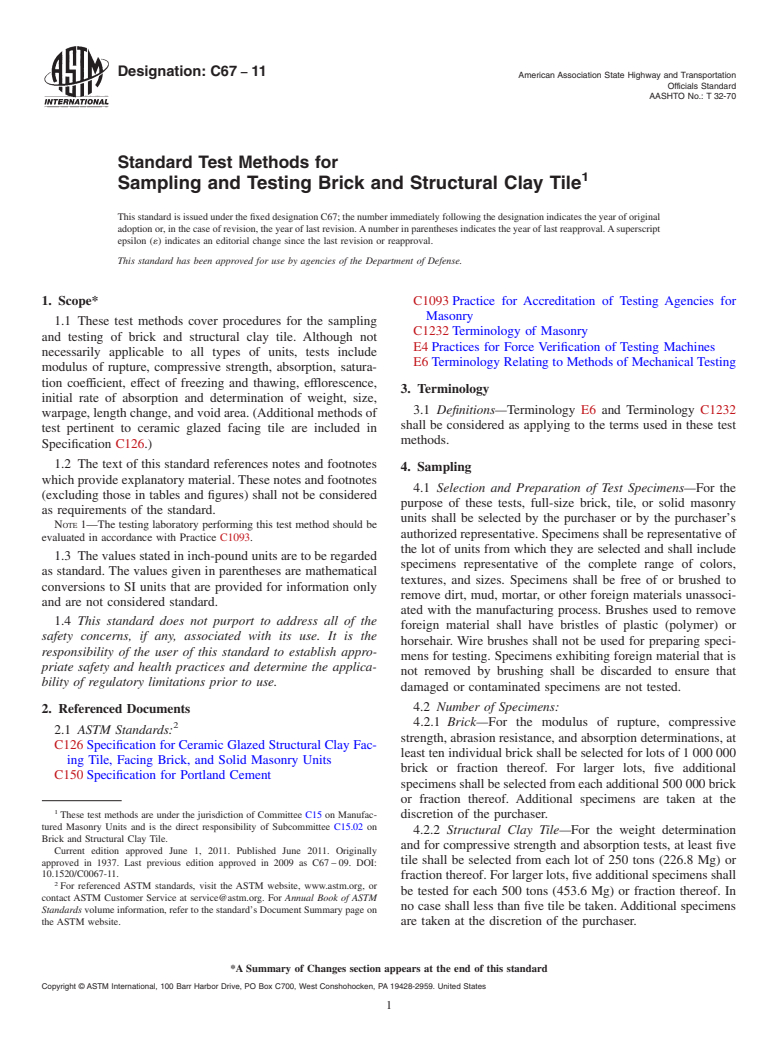 ASTM C67-11 - Standard Test Methods for Sampling and Testing Brick and Structural Clay Tile