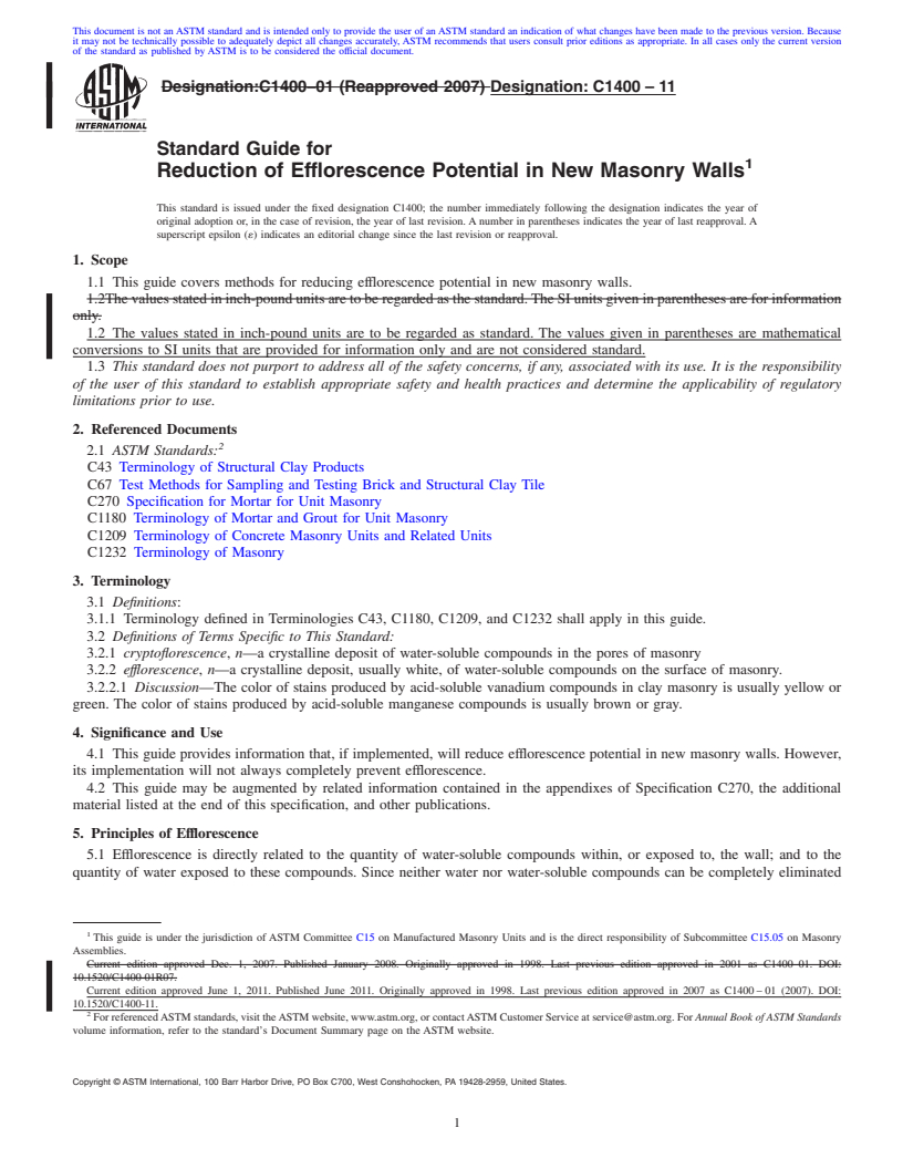 REDLINE ASTM C1400-11 - Standard Guide for Reduction of Efflorescence Potential in New Masonry Walls