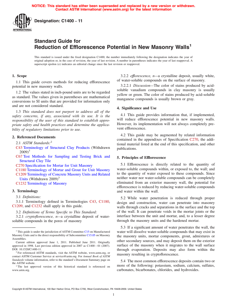 ASTM C1400-11 - Standard Guide for Reduction of Efflorescence Potential in New Masonry Walls