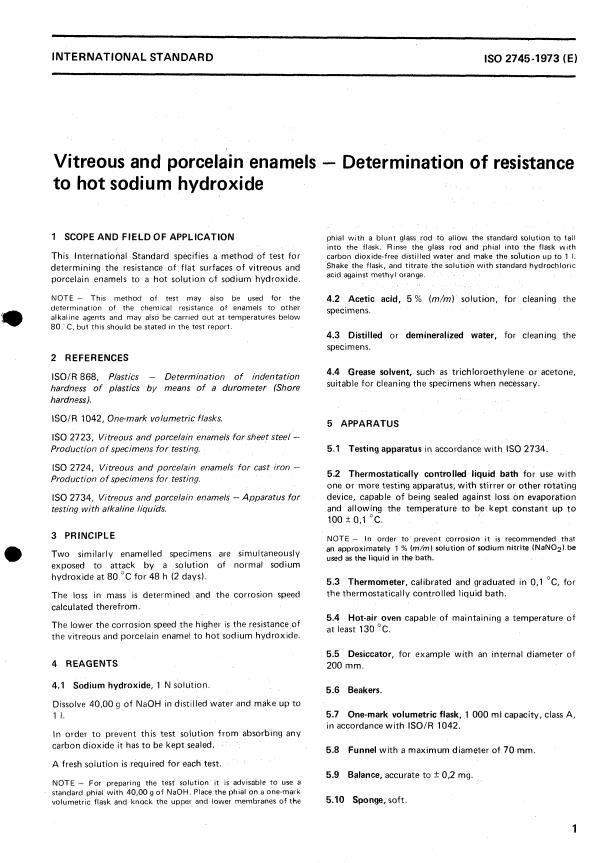 ISO 2745:1973 - Vitreous and porcelain enamels -- Determination of resistance to hot sodium hydroxide
