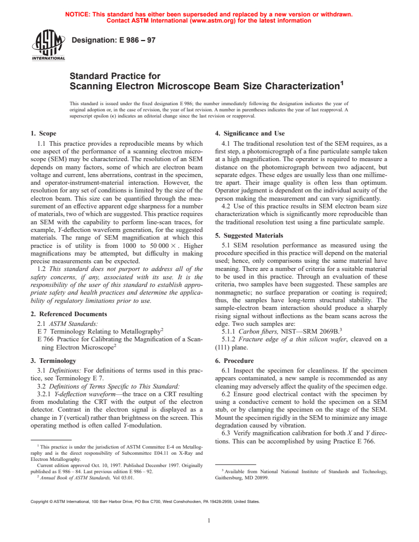 ASTM E986-97 - Standard Practice for Scanning Electron Microscope Beam Size Characterization