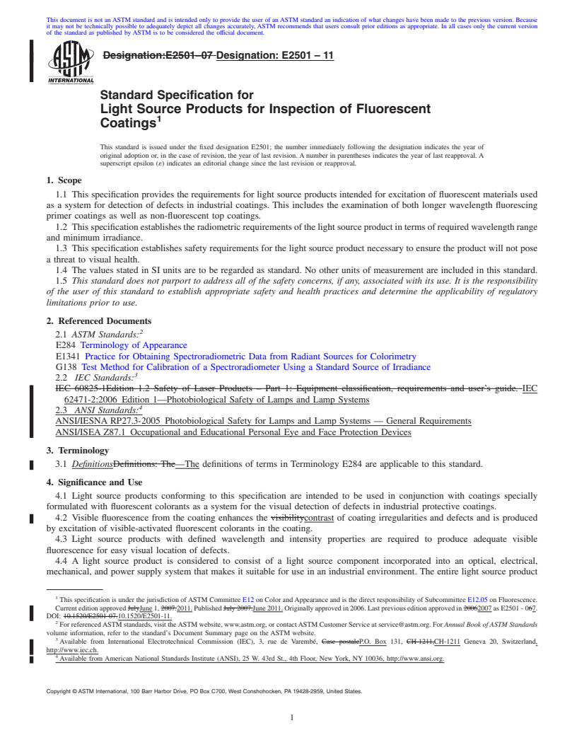 REDLINE ASTM E2501-11 - Standard Specification for Light Source Products for Inspection of Fluorescent Coatings