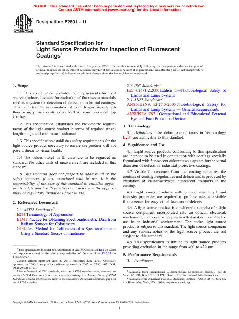 ASTM E2501-11 - Standard Specification for Light Source Products for Inspection of Fluorescent Coatings