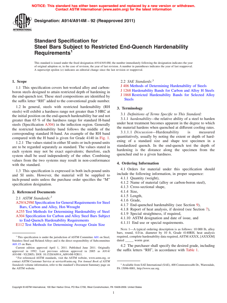 ASTM A914/A914M-92(2011) - Standard Specification for Steel Bars Subject to Restricted End-Quench Hardenability Requirements