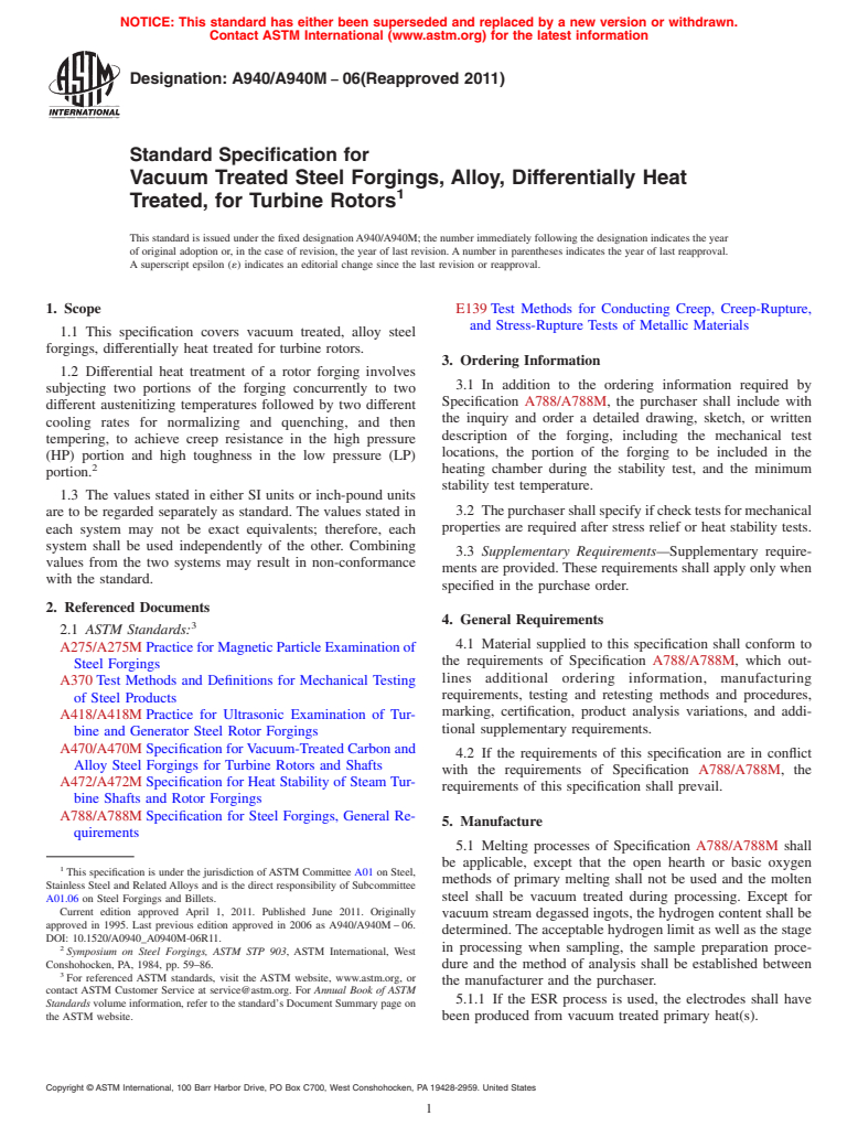 ASTM A940/A940M-06(2011) - Standard Specification for Vacuum Treated Steel Forgings, Alloy, Differentially Heat Treated, for Turbine Rotors