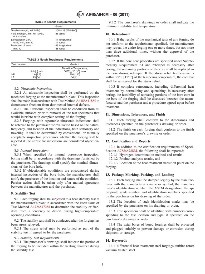 ASTM A940/A940M-06(2011) - Standard Specification for Vacuum Treated Steel Forgings, Alloy, Differentially Heat Treated, for Turbine Rotors