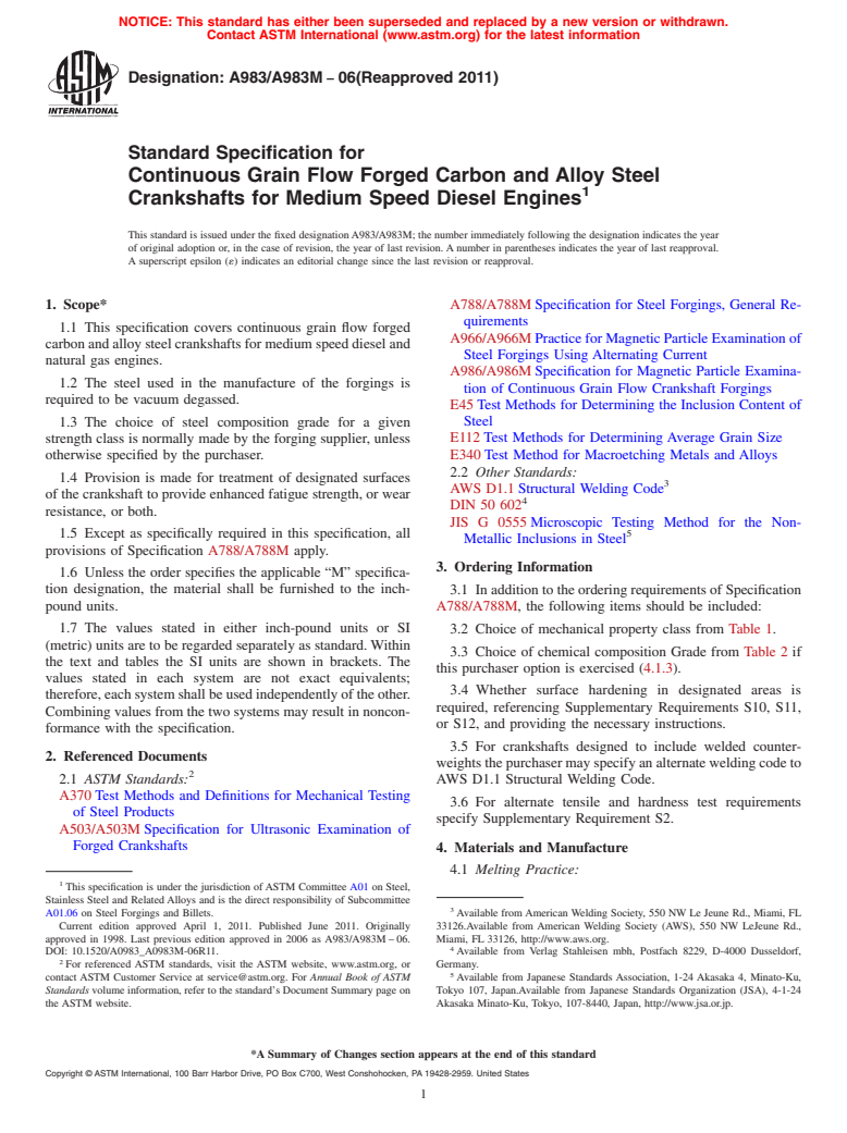 ASTM A983/A983M-06(2011) - Standard Specification for Continuous Grain Flow Forged Carbon and Alloy Steel Crankshafts for Medium Speed Diesel Engines