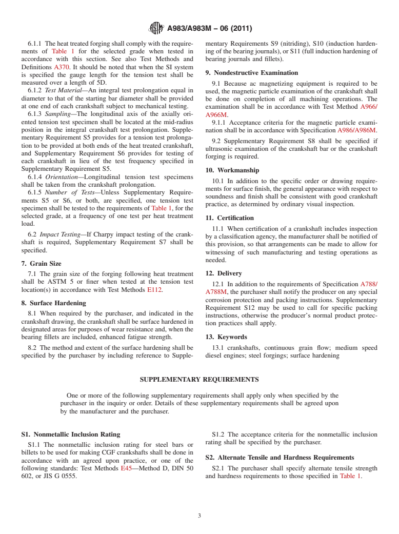 ASTM A983/A983M-06(2011) - Standard Specification for Continuous Grain Flow Forged Carbon and Alloy Steel Crankshafts for Medium Speed Diesel Engines